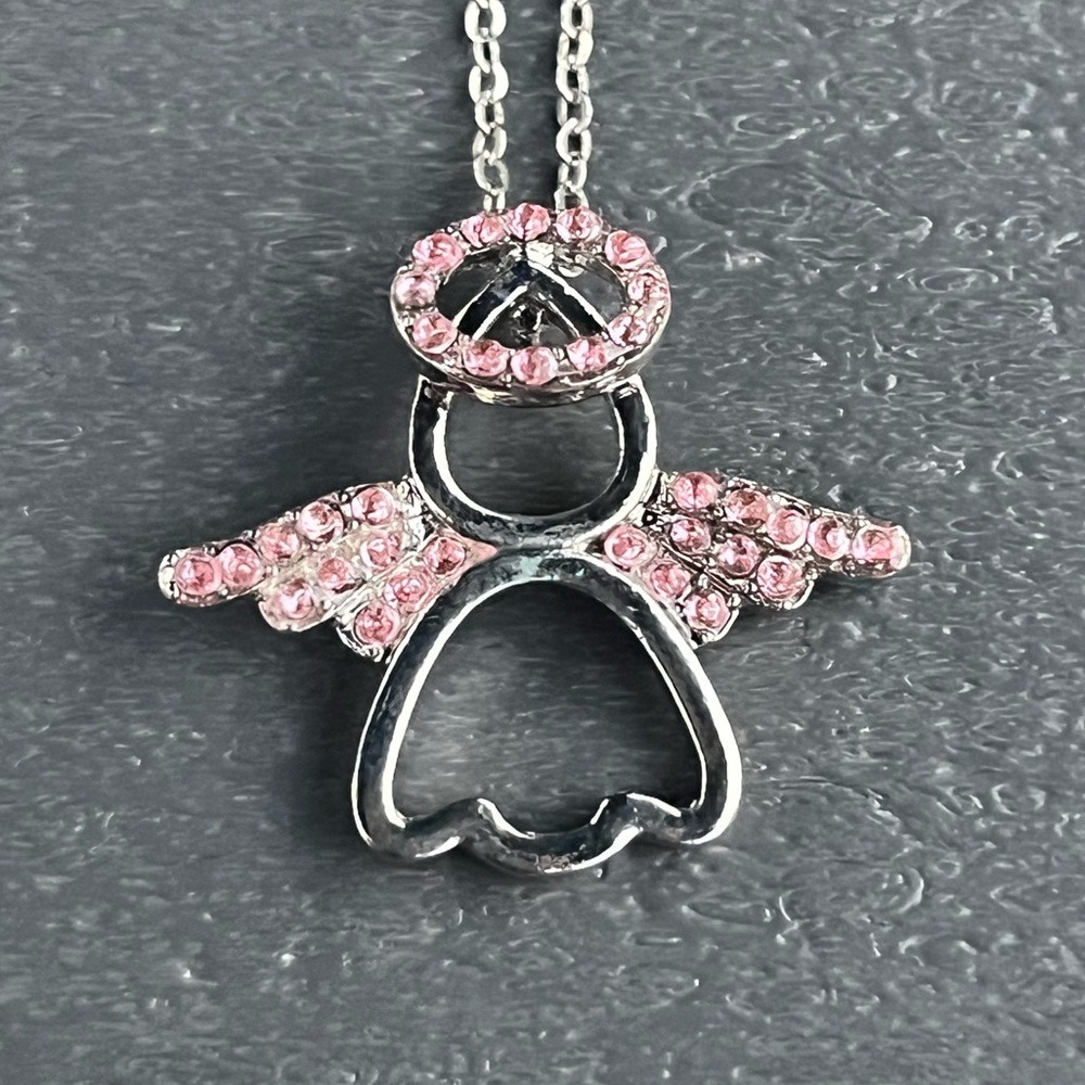 Silver Tone; Angel Pendant Necklace; Pink Rhinestones; Silver Tone Chain 19-21in